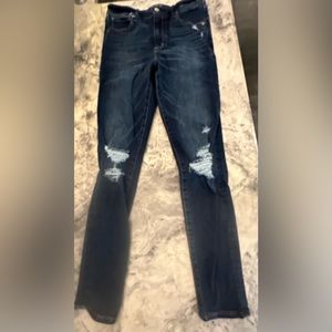 Abercrombie and Fitch, dark blue distressed jeans with stretch